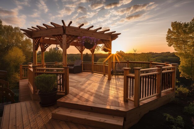 Dek met pergola en tuinhuisje met uitzicht op de zonsondergang