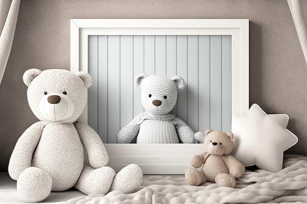 Deken teddybeer en bijtspeeltje in een houten vierkant frame mockup een leeg frame mockup