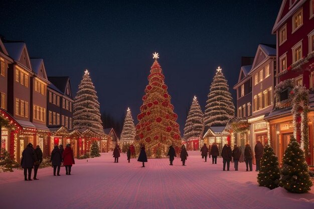 Foto dekoratie met een bank en kerstboom met rode en gouden kralen dicht bij kerstcadeaus in rode dozen met sneeuwvlokken bij schemering