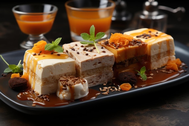 Photo a delectable assortment of four desserts beautifully presented on a plate islamic images