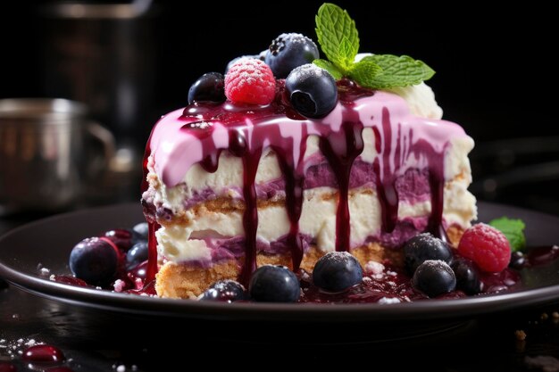 Foto deliziosa torta al formaggio di bacche con glassa viola e menta fresca