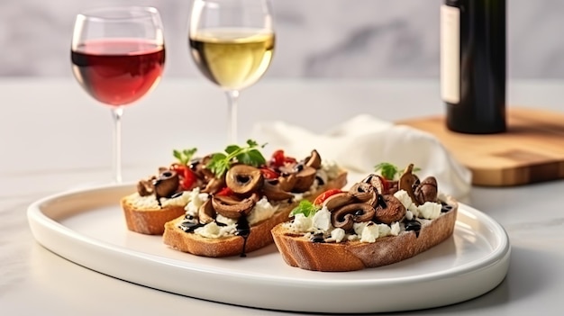 Delectable bruschetta with ricotta and mushrooms arranged on a white countertop accompanied by a g