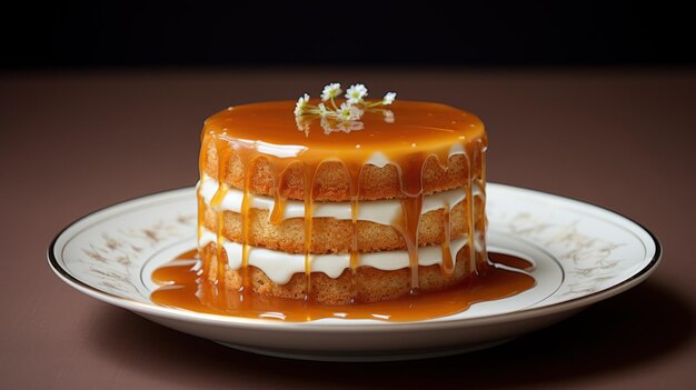 A delectable caramel cake with golden syrup dripping on the sides