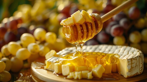 A delectable cheese platter with a drizzle of honey surrounded by grapes