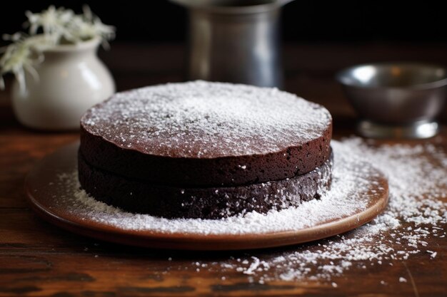 A delectable chocolate cake adorned with a generous dusting of powdered sugar on its surface a glossy chocolate ganache cake dusted with powdered sugar ai generated