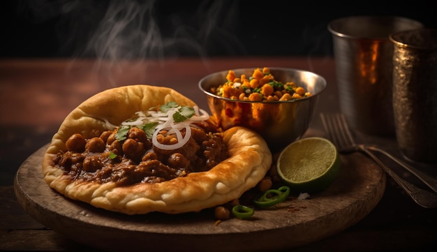 Photo delectable chole bhature a savory indian dish with steam rising against a dark background