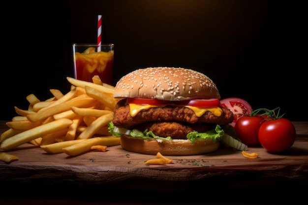 맛있는 햄버거 구성 한 양파 반지와 은 패스트푸드 즐거움을 상징합니다.