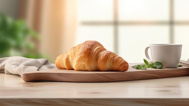 a delectable croissant and a cup of coffee elegantly placed on a kitchen countertop the scene against a minimalist interior with modern furniture