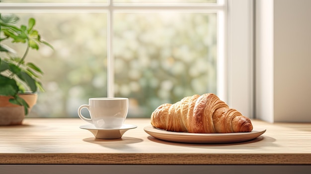 a delectable croissant and a cup of coffee elegantly placed on a kitchen countertop the scene against a minimalist interior with modern furniture