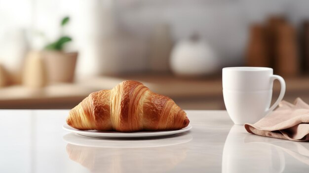 a delectable croissant and a cup of coffee elegantly placed on a kitchen countertop the scene against a minimalist interior with modern furniture