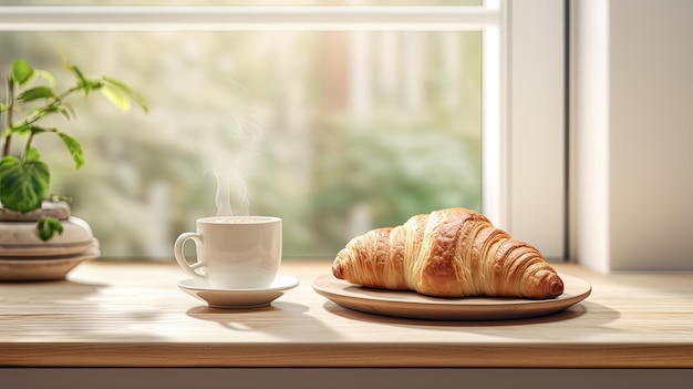 a delectable croissant and a cup of coffee elegantly placed on a kitchen countertop the scene against a minimalist interior with modern furniture