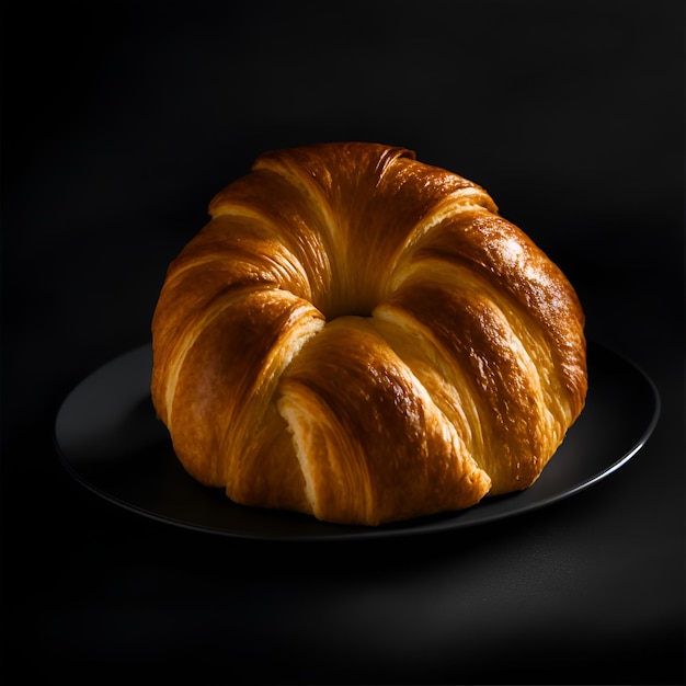 A delectable croissant its golden crust shining against a deep black plate