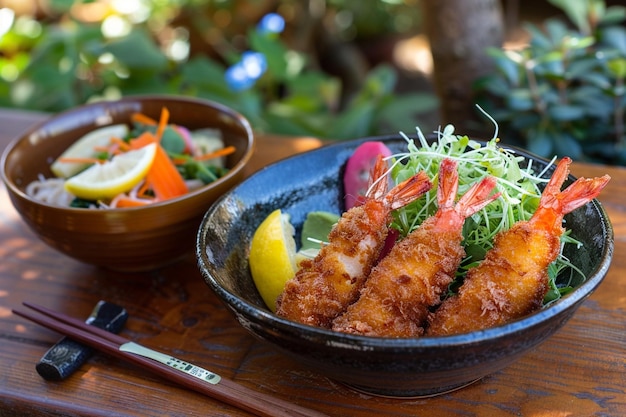 Photo delectable deep fried seafood bonanza shrimps squid and a bounty of vibrant vegetables