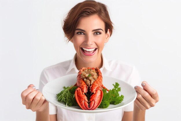 Delectable Delight Woman Presents Perfectly Garnished Lobster