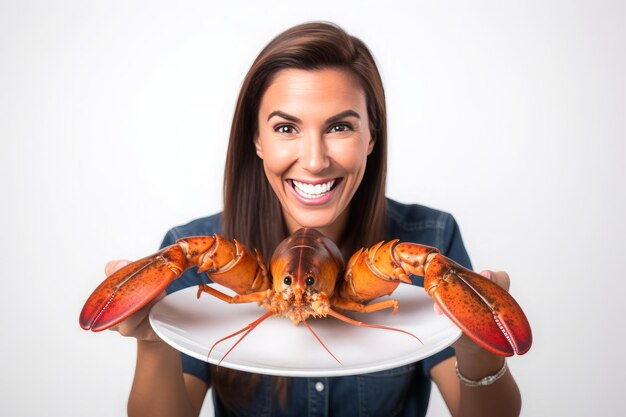 Foto la deliziosa donna presenta l'aragosta perfettamente guarnita