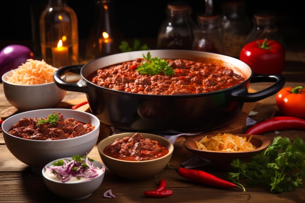 Delectable Delights Savory Chili Con Carne Served in Bowls and Frying Pan