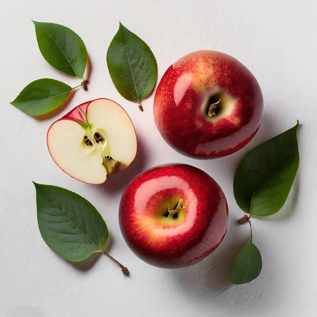 Delectable fresh Green and red apple with leaves on white background