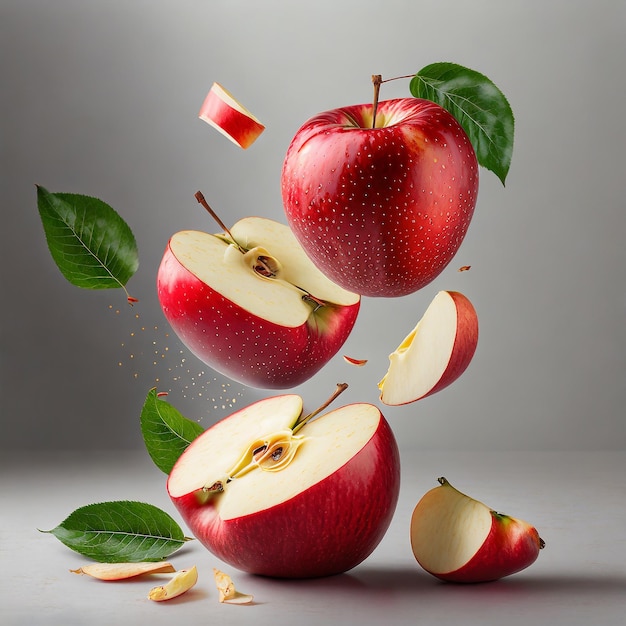 Delectable fresh Green and red apple with leaves on white background