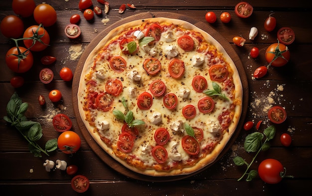 Delectable Fusion Pizza with a Medley of Cheese and Tomatoes