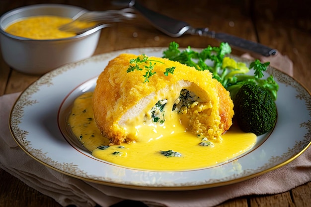 Delectable gratin chicken kiev with melted butter and cheese created with generative ai