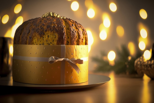 Foto un delizioso panettone fatto a mano cotto per natale viene catturato in una messa a fuoco selettiva