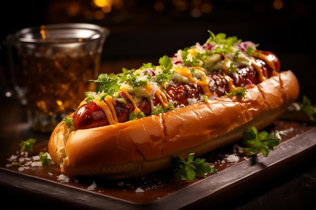 Foto delizioso hot dog con senape e panini freschi serviti in un pub ai