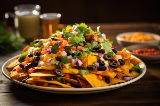 Photo a delectable image showcasing a platter of sweet potato nachos piled high with crisp tortilla chips gooey melted cheddar cheese y black beans and a colorful assortment of diced red onions
