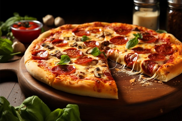 A delectable pizza ideal for lunch or dinner in a restaurant