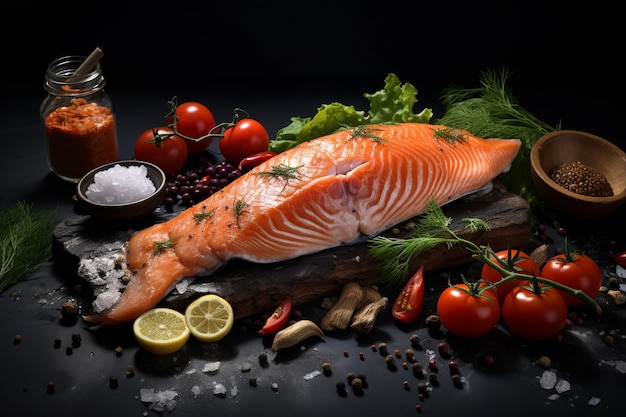 Delectable Salmon Delight A Medley of Fresh Ingredients on a Modern Black Table
