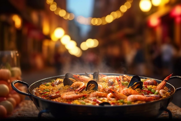 A delectable seafood paella in a traditional pan