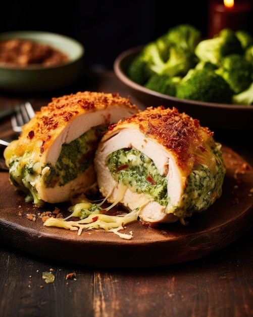 A delectable shot of a homemade broccoli and cheddar stuffed chicken sliced open to reveal the oozing melted cheese and vibrant green hints of the steamed broccoli offering a mouthwatering