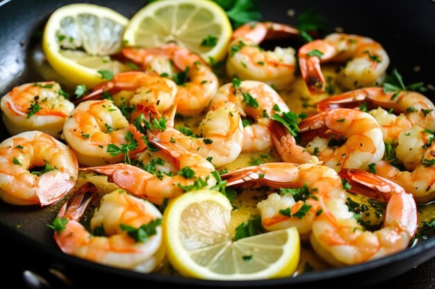 Delectable Shrimp Scampi in a Sizzling Skillet with Fresh Herbs and Lemon Wedges