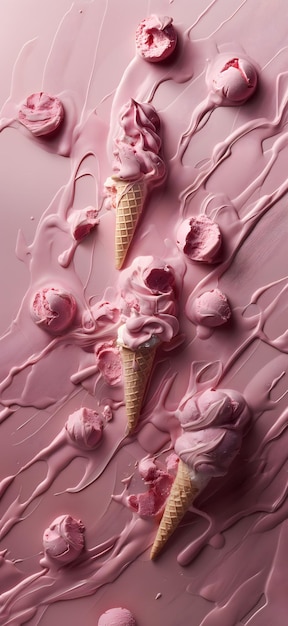 Фото Вкусные клубничные мороженое ложки и конус на розовом фоне