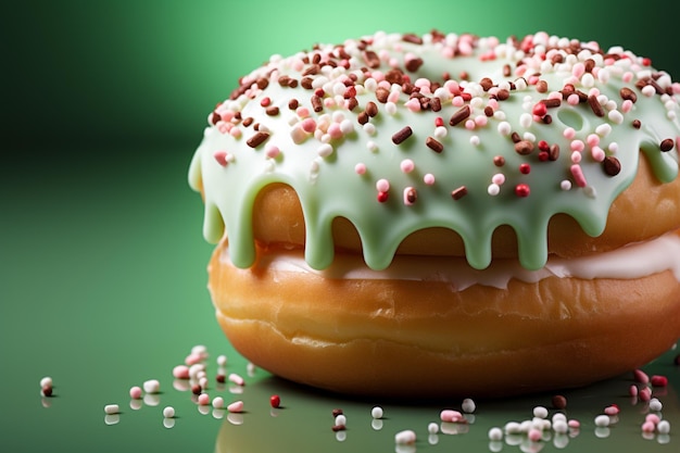 Delectable treat glazed donut with sprinkles on green backdrop perfect for text