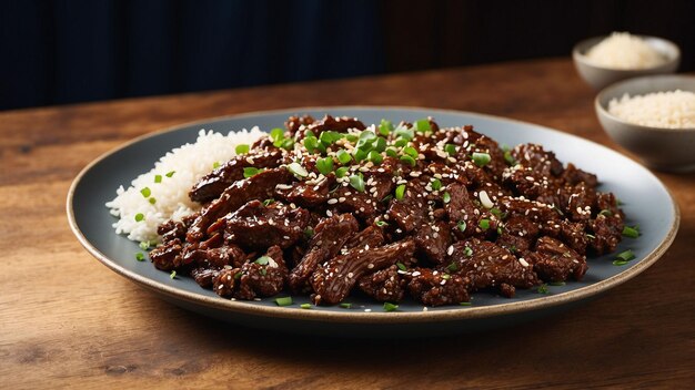 Photo a delectable visual narrative with a side view of a plate featuring mongolian beef the wooden table