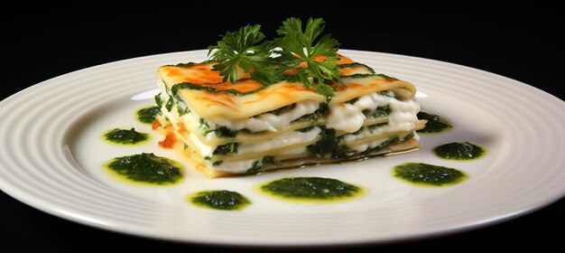 優雅な灰色の背景に麗な白いセラミックプレートに展示された美味しい zucchini lasagna