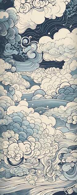 Delft Blue Ukiyoe Illustrated Cloud Pattern by Hand