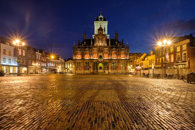 Delft Market Square Markt in the evening Delfth Netherlands