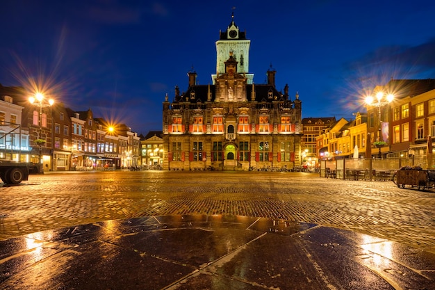 Delft Market Square Markt in the evening Delfth Netherlands