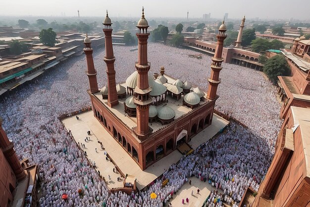 Photo delhi india 5 june 2019 aerial view of devotees at prayer during eid alfitr