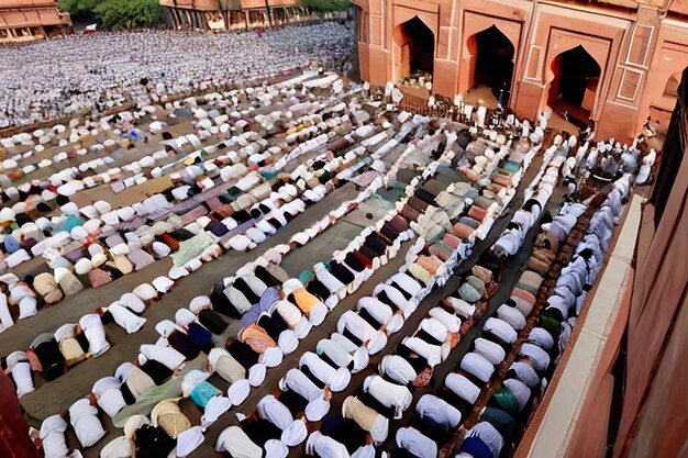 DELHI INDIA 5 JUNI 2019 Luchtbeeld van de gelovigen tijdens het gebed tijdens Eid al-Fitr