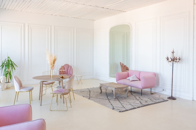 Delicaat en gezellig licht interieur van de woonkamer met modern stijlvol meubilair van pastelroze kleur en witte muren met stucwerk bij daglicht