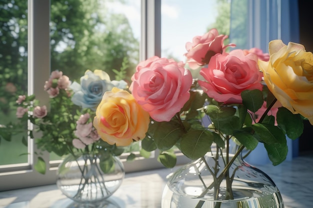 Delicaat rozenboeket in vaasvenster lichte luchtige achtergrond Generatieve AI