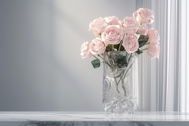 Delicaat rozenboeket in vaasvenster lichte luchtige achtergrond Generatieve AI
