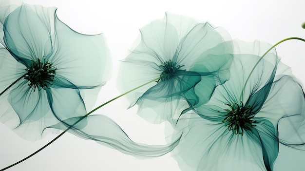 Delicate achtergrond met transparante x-ray turquoise blauwe bloemen op een witte achtergrond