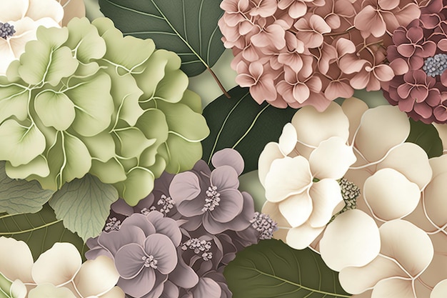 Delicate aquarel bloemen tekening van veelkleurige hortensia op lichte achtergrond hortensia bloemen en groene bladeren zachte kleuren boho stijl bloemen vintage bruiloft stijl ruimte voor tekst Generatieve AI