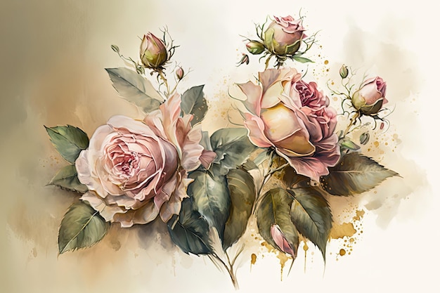 Delicate aquarelrozen Luxe achtergrond voor ansichtkaarten AI