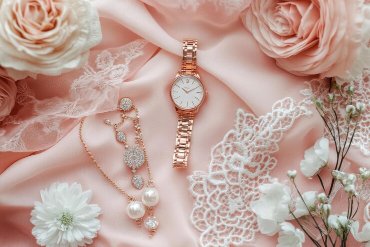 A delicate arrangement of jewelry and a watch on soft fabric with flowers