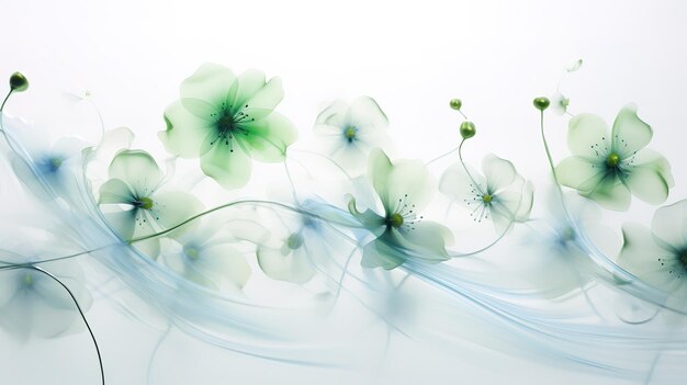 Photo delicate background with transparent xray turquoise blue flowers on a white background