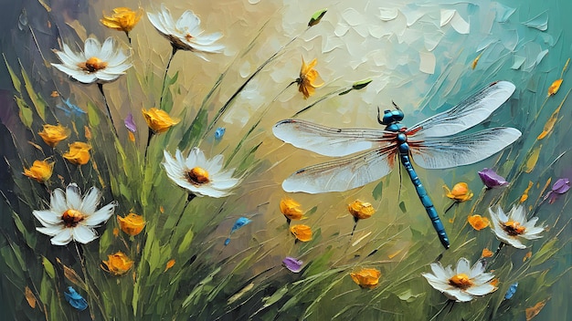 delicate beautiful wildflowers in the meadow and dragonfly painted with oil paints